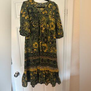 Figueroa & Flower Green Yellow Floral 1/2 Sleeve V-Neck Dress Bohemian Large